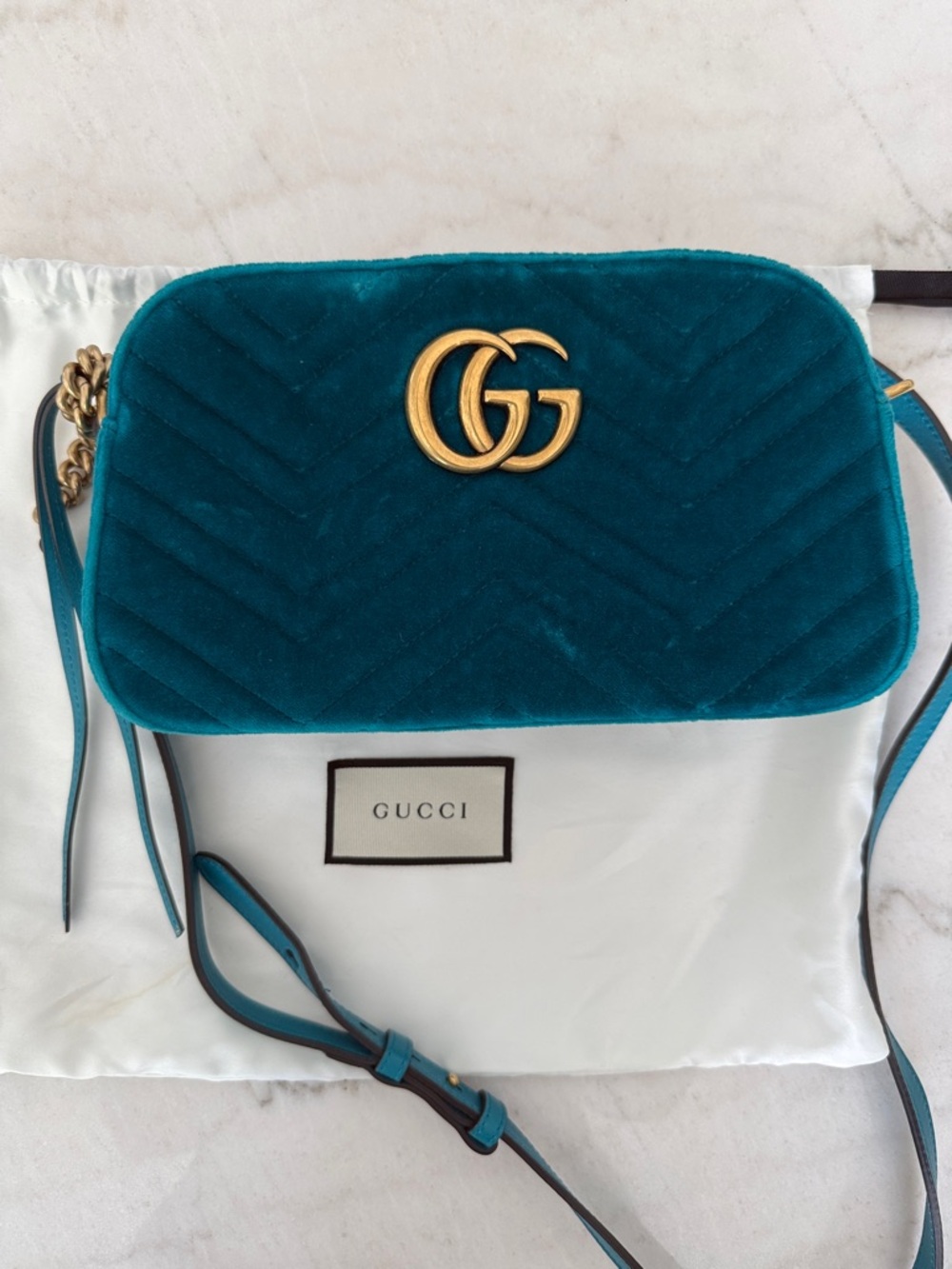 Gucci Velvet Matelasse Small GG Marmont Chain Shoulder Bag Pavone Cyan